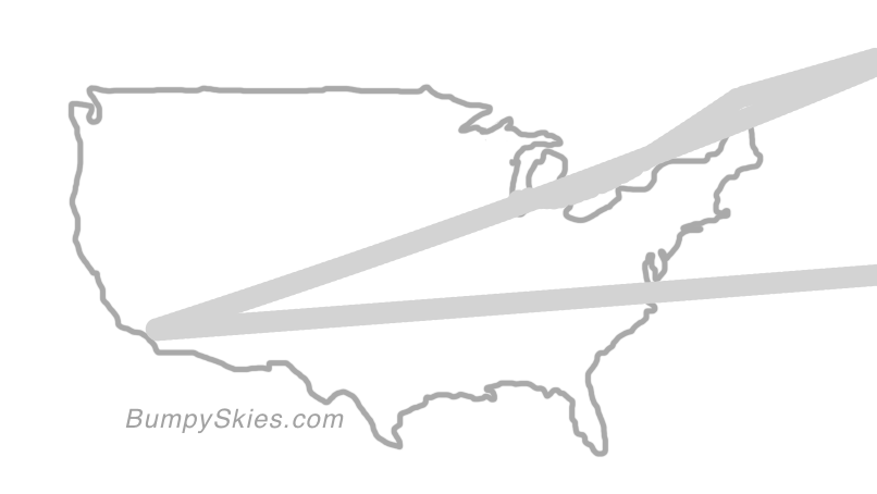Map of continental US with illustrated flight path and turbulence forecast (described in text below)