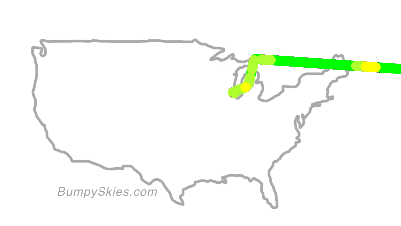 Map of continental US with illustrated flight path and turbulence forecast (described in text below)