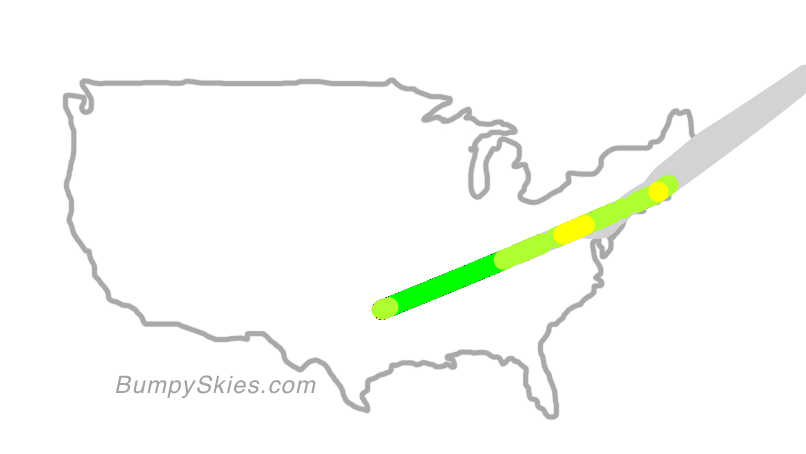 Map of continental US with illustrated flight path and turbulence forecast (described in text below)