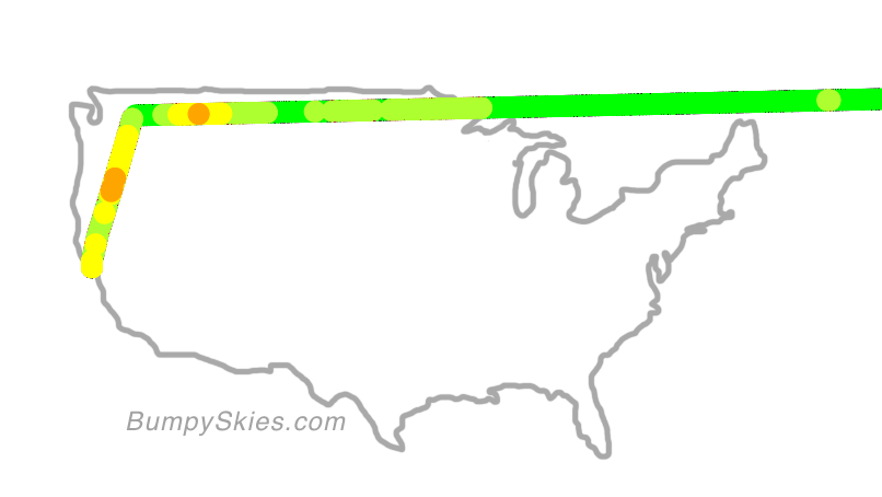 Map of continental US with illustrated flight path and turbulence forecast (described in text below)