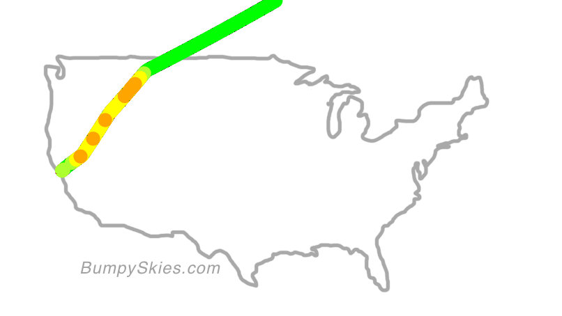 Map of continental US with illustrated flight path and turbulence forecast (described in text below)