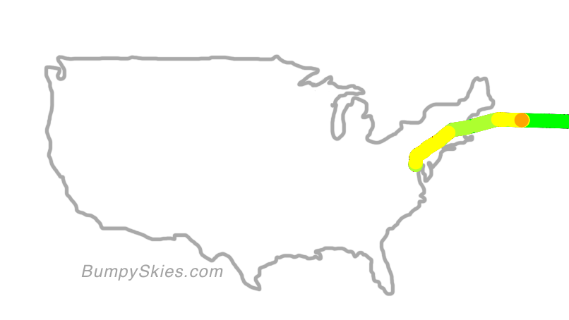 Map of continental US with illustrated flight path and turbulence forecast (described in text below)