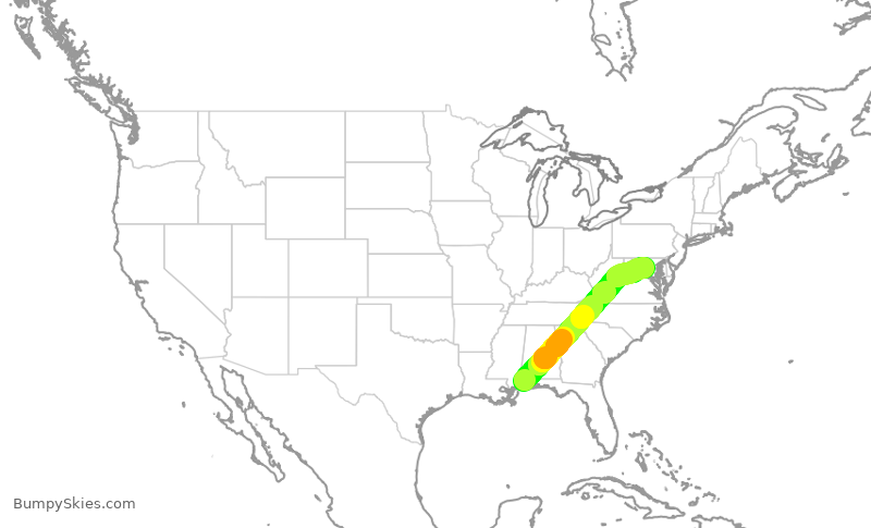 Turbulence forecast map for UCA4314, MOB to IAD