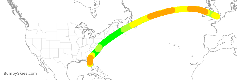 Turbulence forecast map for VIR130, TPA to LHR