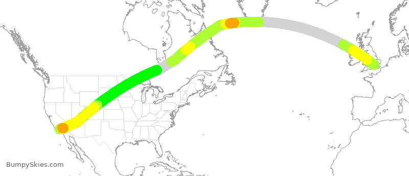 Turbulence forecast map for VIR141, LHR to LAX