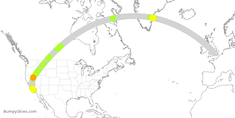 Turbulence forecast map for VIR7, LHR to LAX