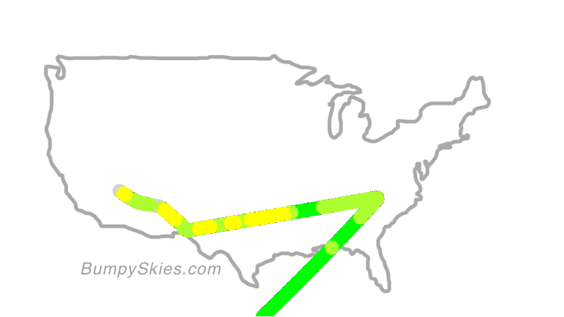 Map of continental US with illustrated flight path and turbulence forecast (described in text below)