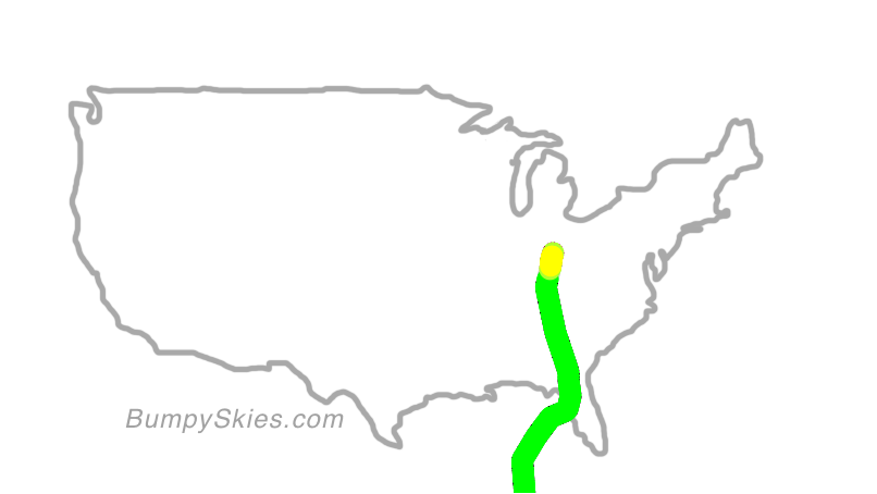 Map of continental US with illustrated flight path and turbulence forecast (described in text below)