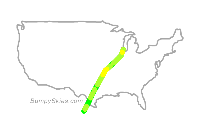 Map of continental US with illustrated flight path and turbulence forecast (described in text below)
