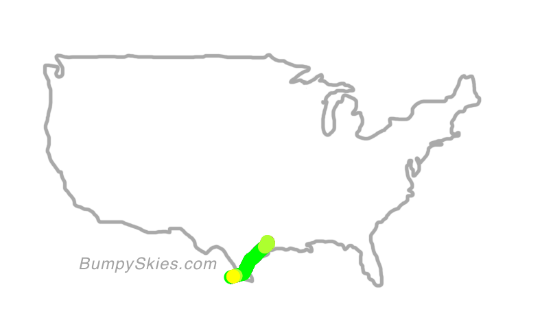 Map of continental US with illustrated flight path and turbulence forecast (described in text below)