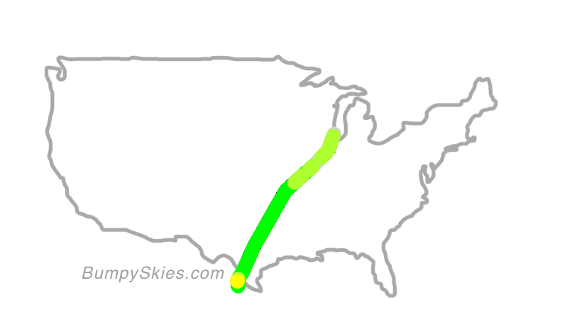 Map of continental US with illustrated flight path and turbulence forecast (described in text below)
