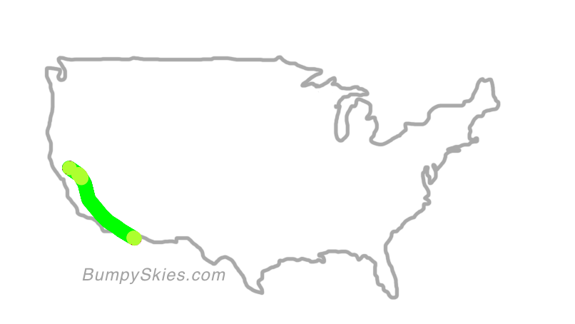 Map of continental US with illustrated flight path and turbulence forecast (described in text below)