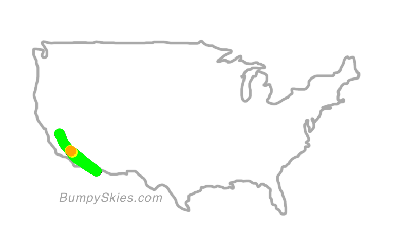 Map of continental US with illustrated flight path and turbulence forecast (described in text below)