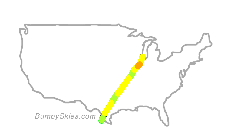 Map of continental US with illustrated flight path and turbulence forecast (described in text below)