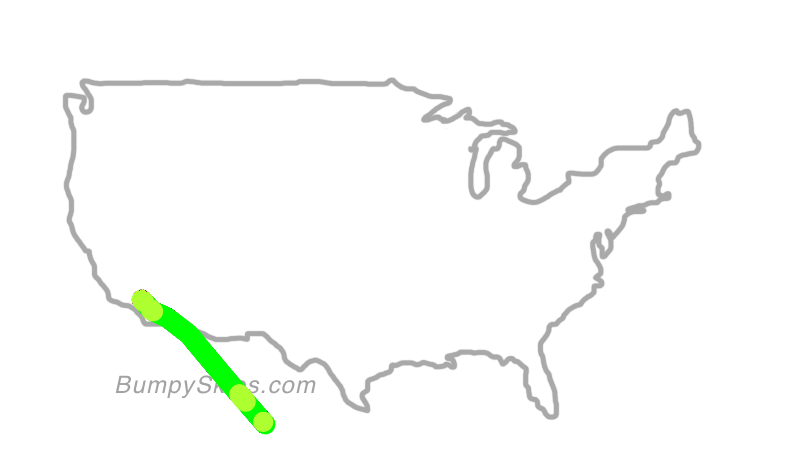 Map of continental US with illustrated flight path and turbulence forecast (described in text below)