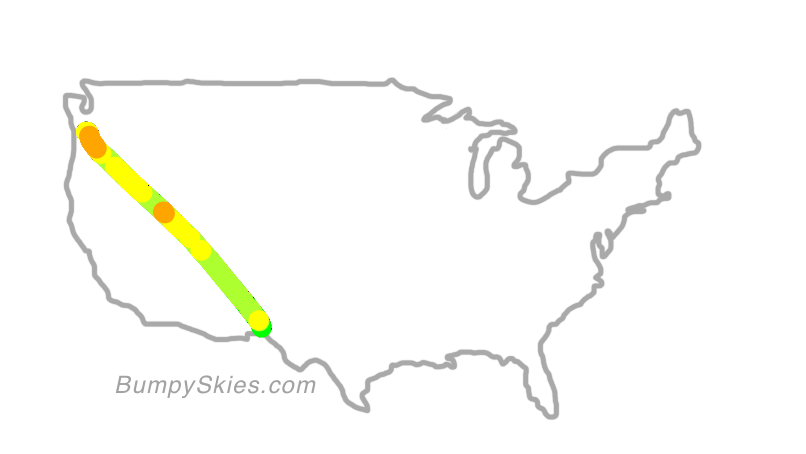 Map of continental US with illustrated flight path and turbulence forecast (described in text below)