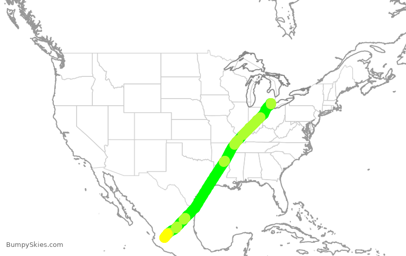 Turbulence forecast map for VOI1965, DTW to GDL
