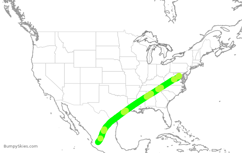 Turbulence forecast map for VOI1989, IAD to GDL