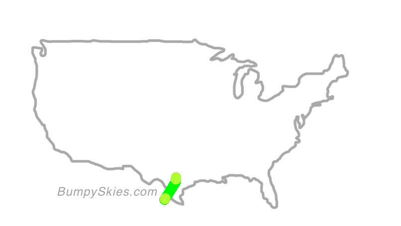 Map of continental US with illustrated flight path and turbulence forecast (described in text below)