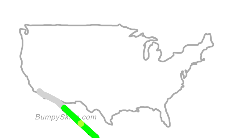 Map of continental US with illustrated flight path and turbulence forecast (described in text below)