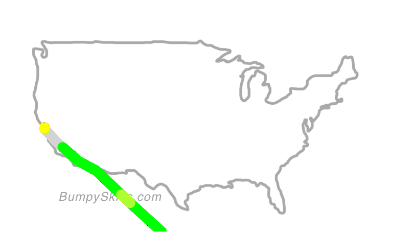 Map of continental US with illustrated flight path and turbulence forecast (described in text below)