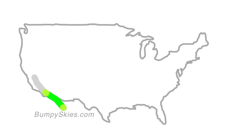 Map of continental US with illustrated flight path and turbulence forecast (described in text below)