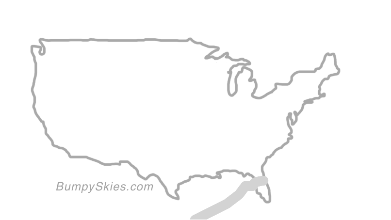 Map of continental US with illustrated flight path and turbulence forecast (described in text below)