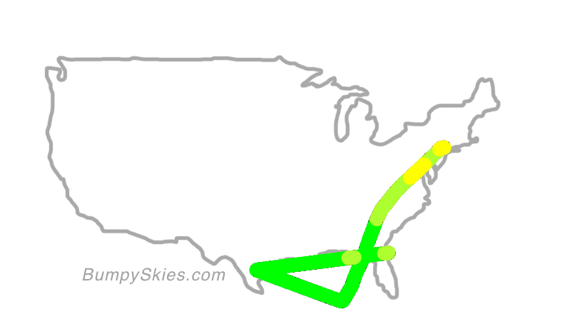 Map of continental US with illustrated flight path and turbulence forecast (described in text below)