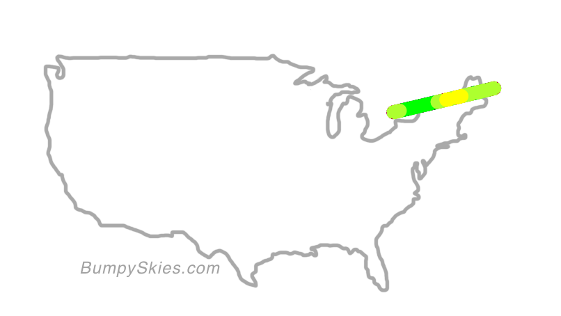 Map of continental US with illustrated flight path and turbulence forecast (described in text below)