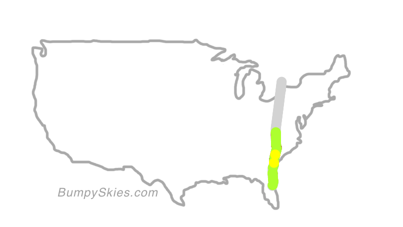 Map of continental US with illustrated flight path and turbulence forecast (described in text below)