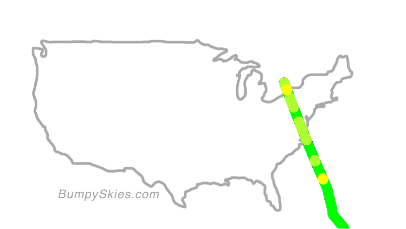 Map of continental US with illustrated flight path and turbulence forecast (described in text below)