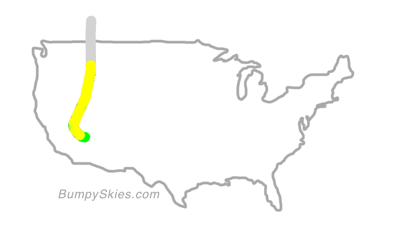 Map of continental US with illustrated flight path and turbulence forecast (described in text below)