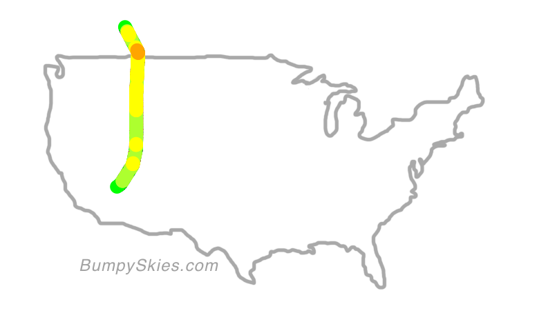 Map of continental US with illustrated flight path and turbulence forecast (described in text below)