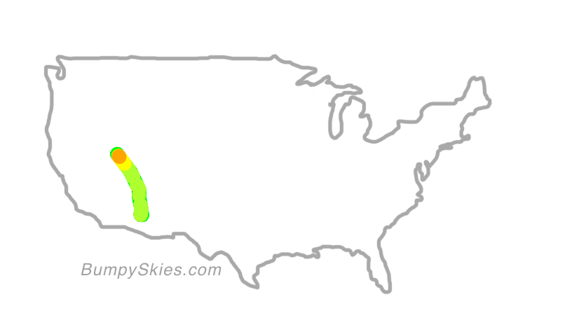 Map of continental US with illustrated flight path and turbulence forecast (described in text below)