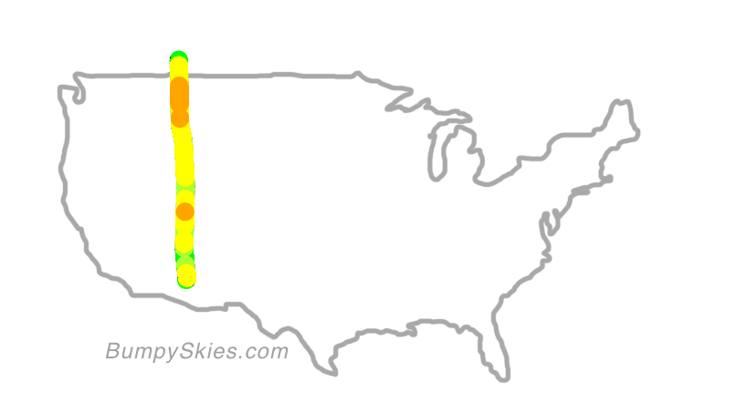 Map of continental US with illustrated flight path and turbulence forecast (described in text below)