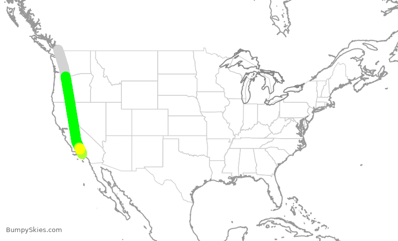 Turbulence forecast map for WJA1102, YVR to LAX
