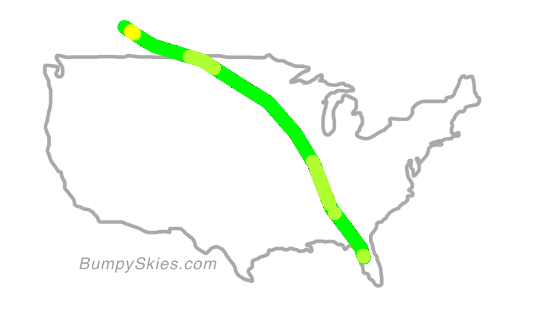 Map of continental US with illustrated flight path and turbulence forecast (described in text below)