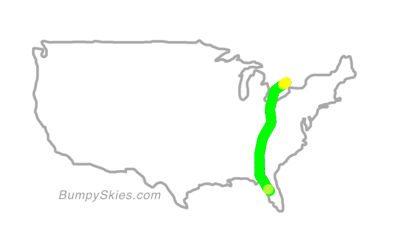 Map of continental US with illustrated flight path and turbulence forecast (described in text below)