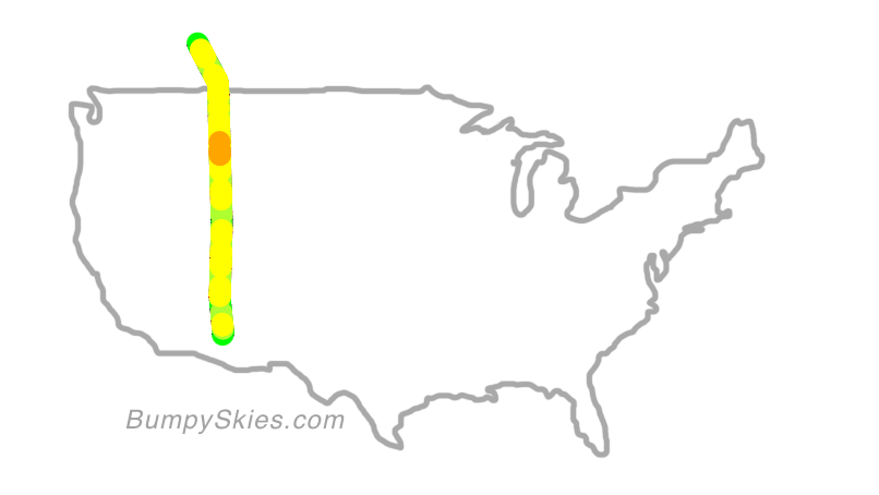 Map of continental US with illustrated flight path and turbulence forecast (described in text below)