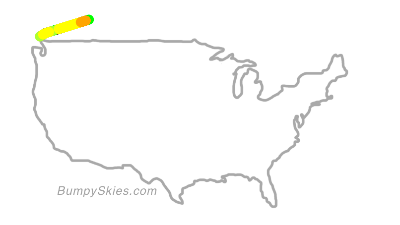 Map of continental US with illustrated flight path and turbulence forecast (described in text below)