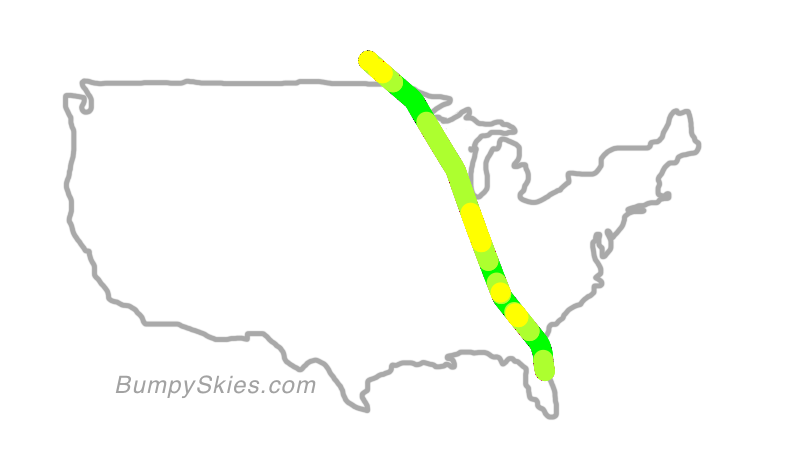 Map of continental US with illustrated flight path and turbulence forecast (described in text below)