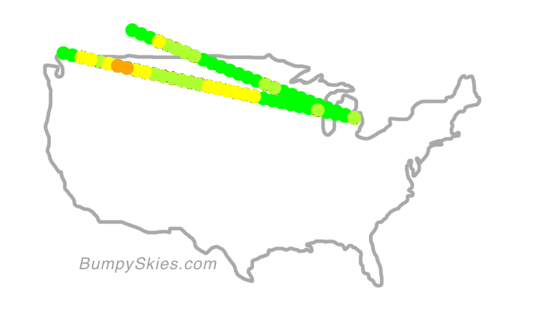 Map of continental US with illustrated flight path and turbulence forecast (described in text below)