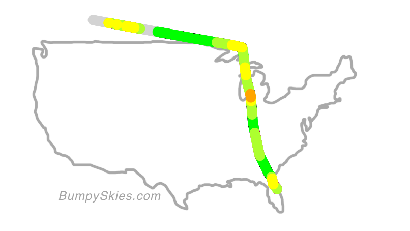 Map of continental US with illustrated flight path and turbulence forecast (described in text below)