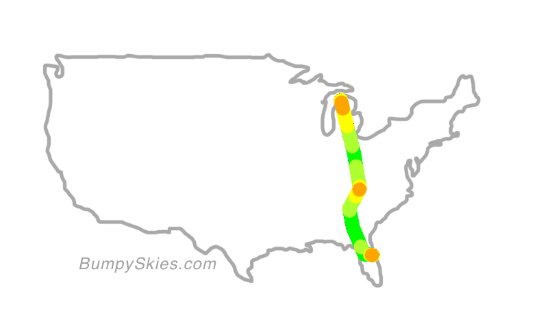Map of continental US with illustrated flight path and turbulence forecast (described in text below)