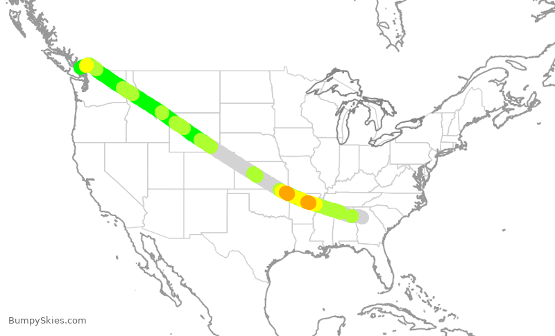 Turbulence forecast map for WJA1601, ATL to YVR