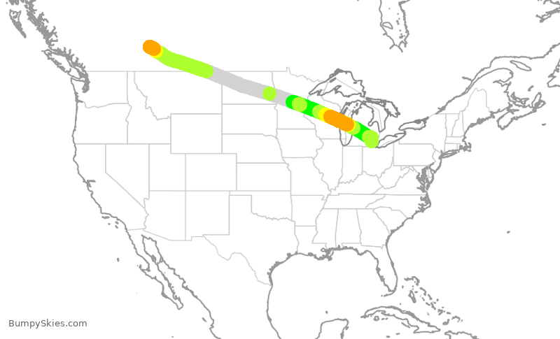 Turbulence forecast map for WJA1620, YYC to DTW