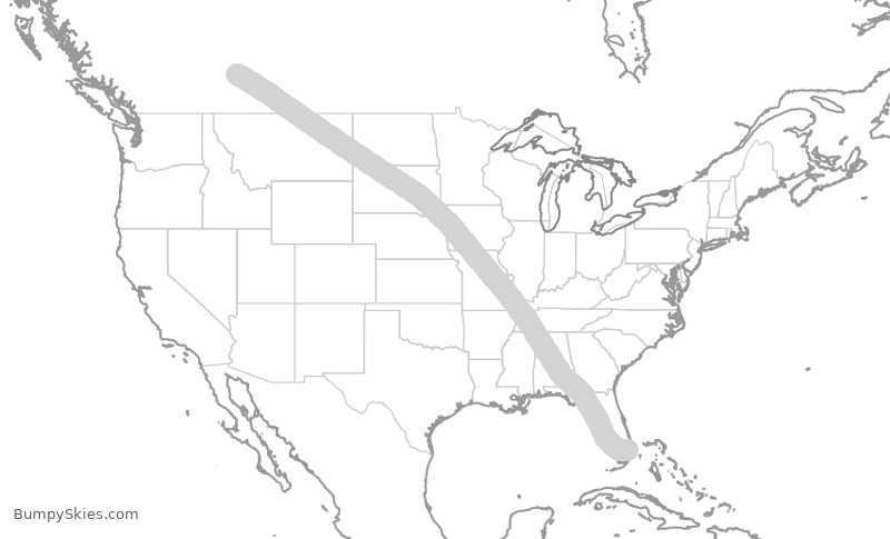 Map of continental US with illustrated flight path and turbulence forecast (described in text below)