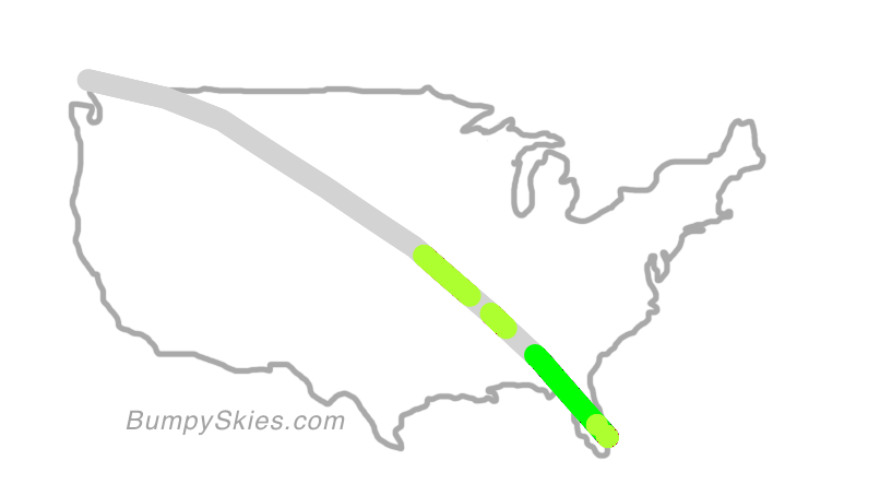 Map of continental US with illustrated flight path and turbulence forecast (described in text below)