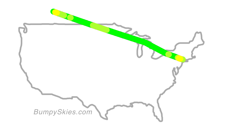 Map of continental US with illustrated flight path and turbulence forecast (described in text below)