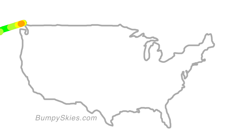 Map of continental US with illustrated flight path and turbulence forecast (described in text below)